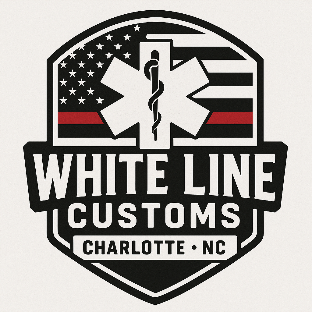 Logo of White Line Customs with American flag and medical cross design on a white background